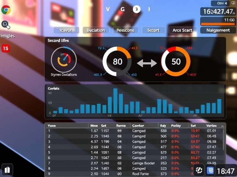 A futuristic digital dashboard with multiple panels displaying virtual world statistics and graphs