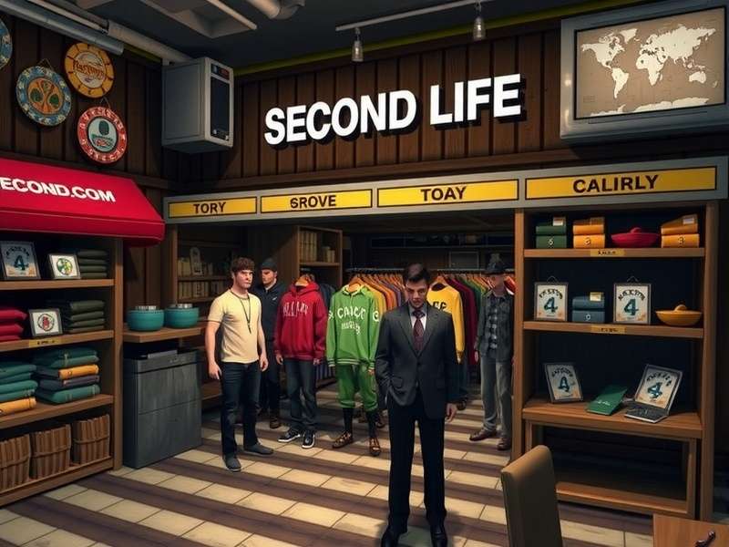 A vibrant, futuristic Second Life store interior showcasing avatar fashions and digital goods