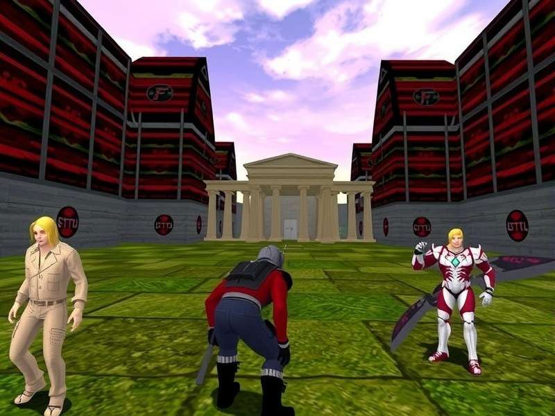 A diverse group of Second Life avatars socialising in a futuristic plaza