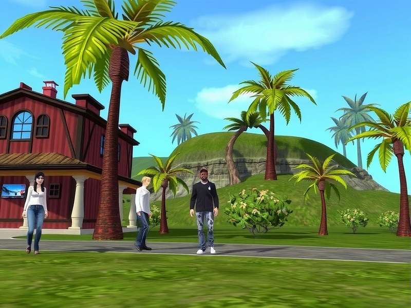 A vibrant panoramic view of a Second Life virtual landscape featuring avatars, buildings, and a detailed sky