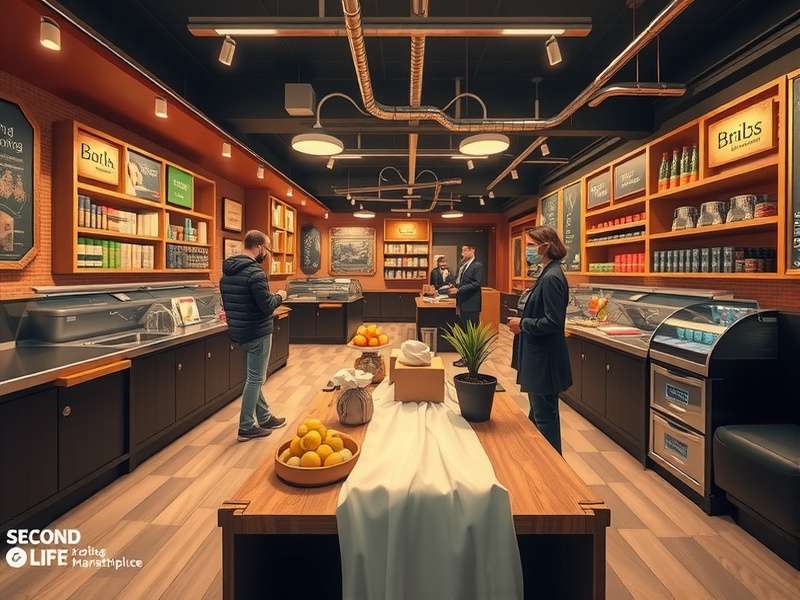 A vibrant collage of Second Life Marketplace shopping interface, popular items, and avatars showcasing purchases