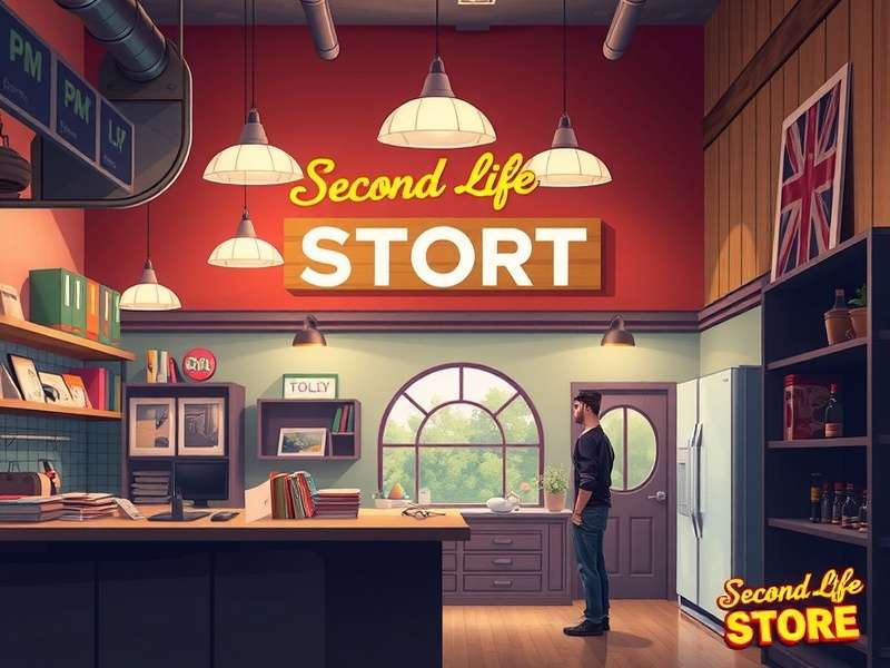 A bustling, eclectic interior of a popular Second Life thrift store, showing avatars browsing through racks of virtual clothing and accessories.