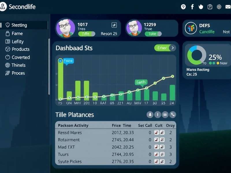 A futuristic digital dashboard displaying various metrics and graphs, representing the Second Life control hub concept.