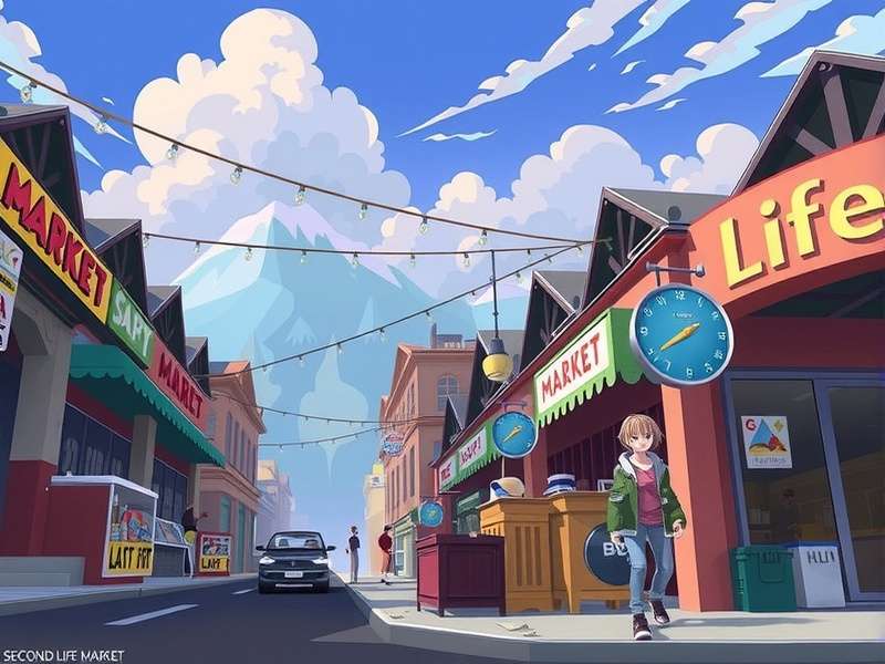 A vibrant virtual marketplace scene inside Second Life showing avatars trading and browsing goods