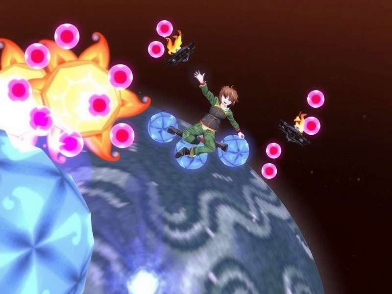 A futuristic digital interface overlay on a vibrant virtual world landscape, representing the Firestorm viewer experience.