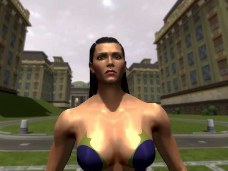 A nostalgic screenshot from Second Life in 2003 showing basic avatars and simple builds on a flat terrain