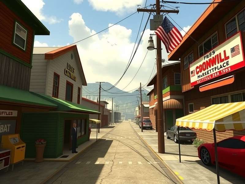 A vibrant digital marketplace scene showing virtual shops and colorful avatars browsing goods