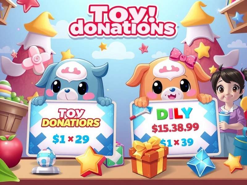 A vibrant Second Life scene showing avatars gathered around a donation chest overflowing with colourful virtual toys