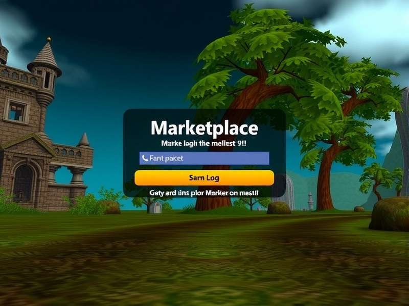Second Life Marketplace login screen and vibrant virtual goods showcase
