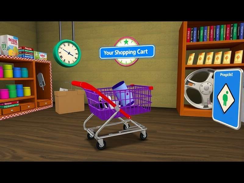 A detailed 3D render of a virtual shopping interface with cart icon prominent