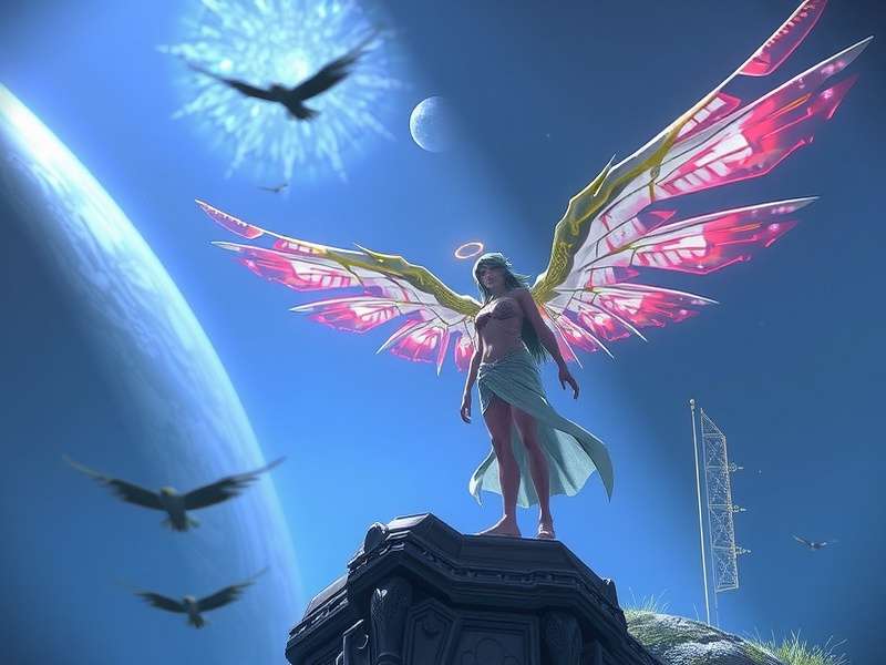 Second Life Seraphim angelic avatar in a radiant virtual world landscape