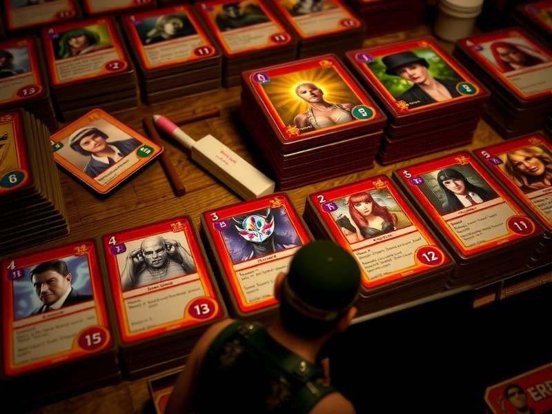 A beautifully arranged collection of Second Life Game Cards displayed on a virtual table, showing legendary, epic and rare cards.