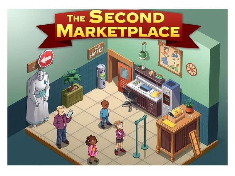 A vibrant overhead view of the Second Marketplace virtual bazaar, teeming with avatar vendors and glowing storefronts.