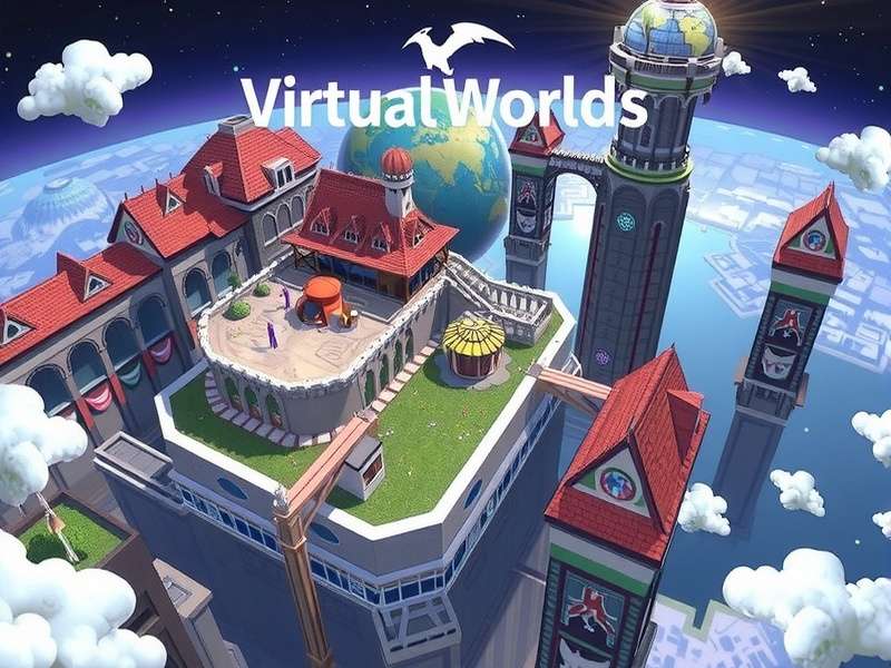Second Life virtual world avatar exploring a futuristic cityscape with neon lights and floating islands